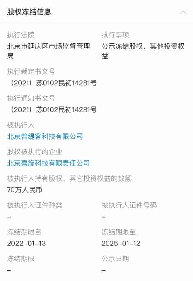 “达令家”运营主体北京普缇客科技公司新增两条被执行记录